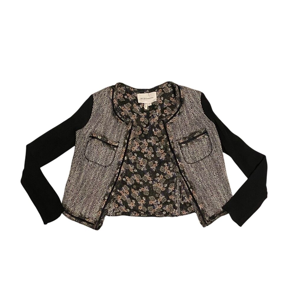 BCBGeneration Tuxedo Floral Cropped Blazer Black White Tweed Frayed Trim Sz XS